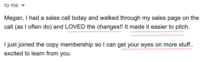 Sara Royf CCC copywriting testimonial megan kachigan copy clarity club ccc